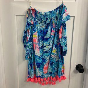 Lilly Pulitzer Hey Bay Bay Dress Off-the-Shoulder with Neon Pink Tassels -Medium